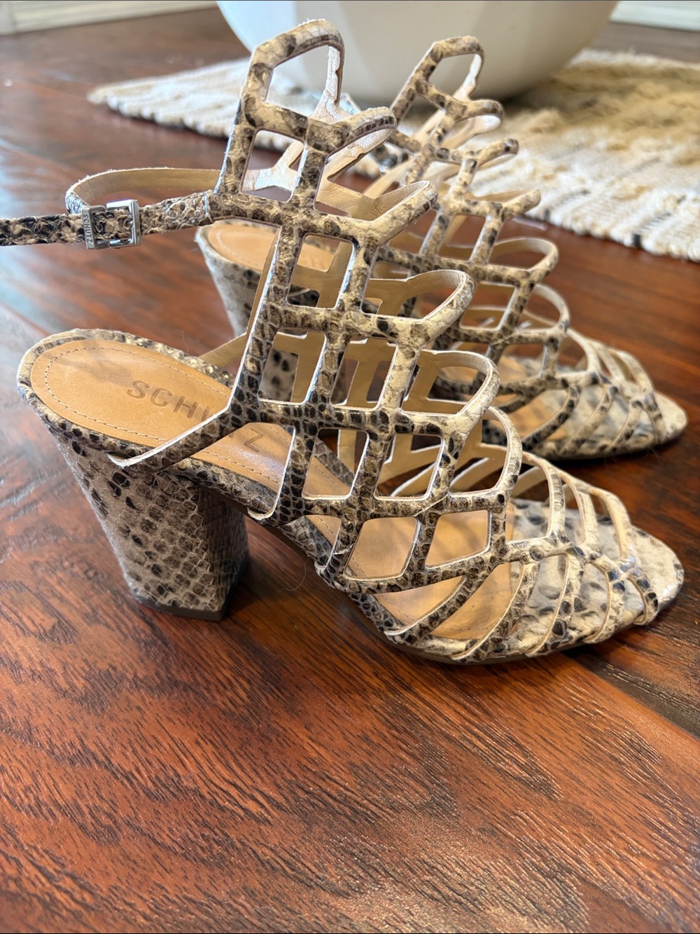 SCHUTZ Snake-Print Cage Sandals in Cream and Gray - Picture 2 of 3